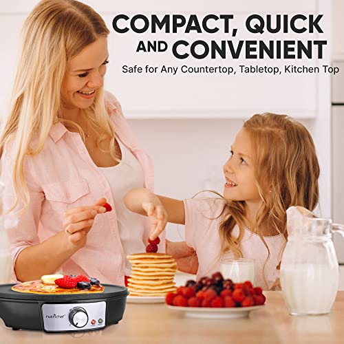 Electric Griddle Crepe Maker Cooktop - Nonstick 12 Inch Aluminum Hot Plate with LED Indicator Lights & Adjustable Temperature Control - Wooden Spatula & Batter Spreader Included - NutriChef PCRM12