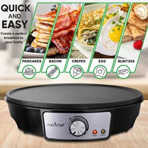 Electric Griddle Crepe Maker Cooktop - Nonstick 12 Inch Aluminum Hot Plate with LED Indicator Lights & Adjustable Temperature Control - Wooden Spatula & Batter Spreader Included - NutriChef PCRM12