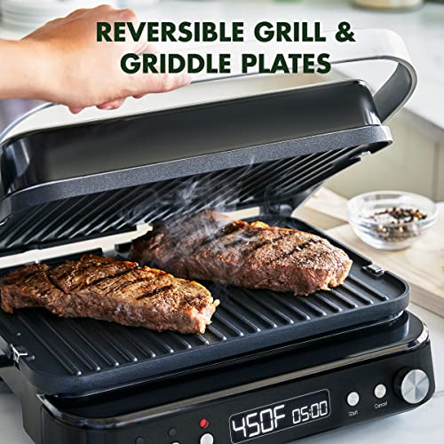 GreenPan 6-in-1 Multi-Function Contact Grill & Griddle, Healthy Ceramic Nonstick Aluminum, Two Sets of Grill & Waffle Plates, Adjustable Shade & Shear, Closed Press/Open Flat Surface, Matte Black