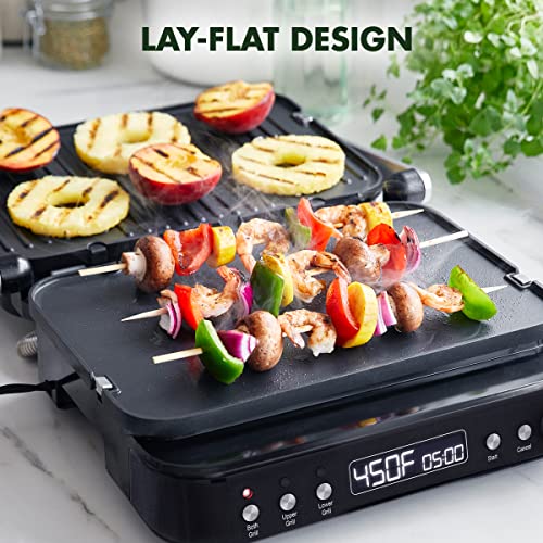 GreenPan 6-in-1 Multi-Function Contact Grill & Griddle, Healthy Ceramic Nonstick Aluminum, Two Sets of Grill & Waffle Plates, Adjustable Shade & Shear, Closed Press/Open Flat Surface, Matte Black