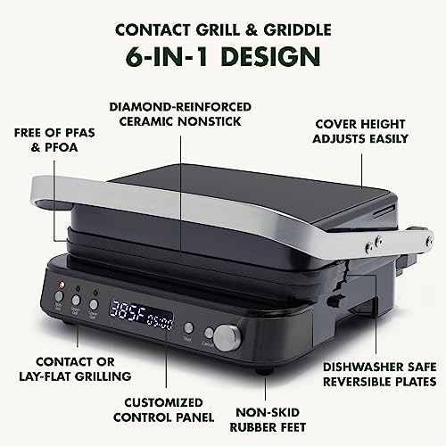 GreenPan 6-in-1 Multi-Function Contact Grill & Griddle, Healthy Ceramic Nonstick Aluminum, Two Sets of Grill & Waffle Plates, Adjustable Shade & Shear, Closed Press/Open Flat Surface, Matte Black