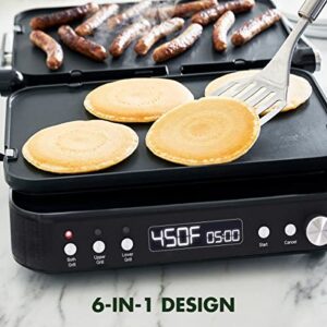 GreenPan 6-in-1 Multi-Function Contact Grill & Griddle, Healthy Ceramic Nonstick Aluminum, Two Sets of Grill & Waffle Plates, Adjustable Shade & Shear, Closed Press/Open Flat Surface, Matte Black