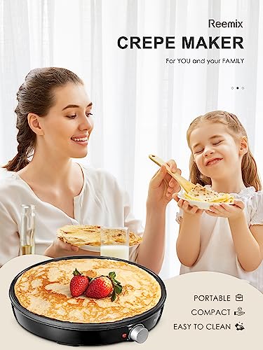 Crepe Maker Machine, Reemix Compact Pancake Griddle Precise Temperature Control, Nonstick 12” Electric Griddle, Batter Spreader for Eggs, Pancakes, Omelets and Quesadillas, Includes Spatula, Spreader