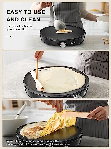 Crepe Maker Machine, Reemix Compact Pancake Griddle Precise Temperature Control, Nonstick 12” Electric Griddle, Batter Spreader for Eggs, Pancakes, Omelets and Quesadillas, Includes Spatula, Spreader