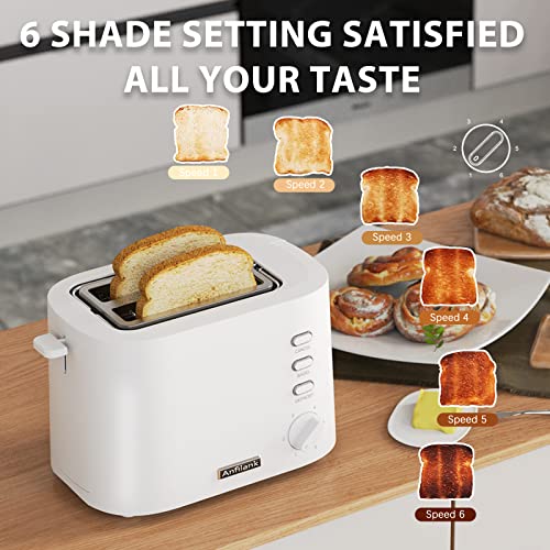 Anfilank Compact 2 Slice Toaster, Wide Slots with Warming Rack, Cancel, Bagel, Defrost Function, 6-Shade Settings, Removable Crumb Tray and High Lift Lever Classic Bread Toaster, 900W BPA free(White)