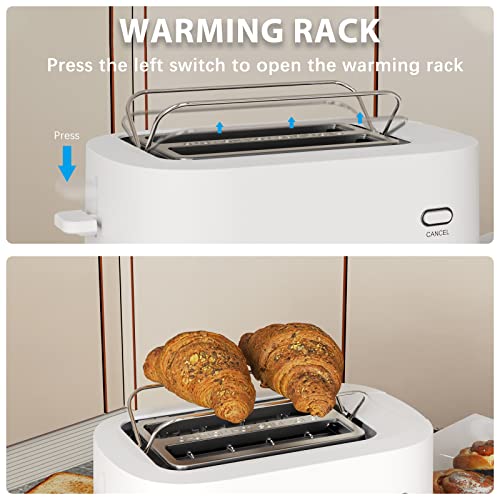 Anfilank Compact 2 Slice Toaster, Wide Slots with Warming Rack, Cancel, Bagel, Defrost Function, 6-Shade Settings, Removable Crumb Tray and High Lift Lever Classic Bread Toaster, 900W BPA free(White)