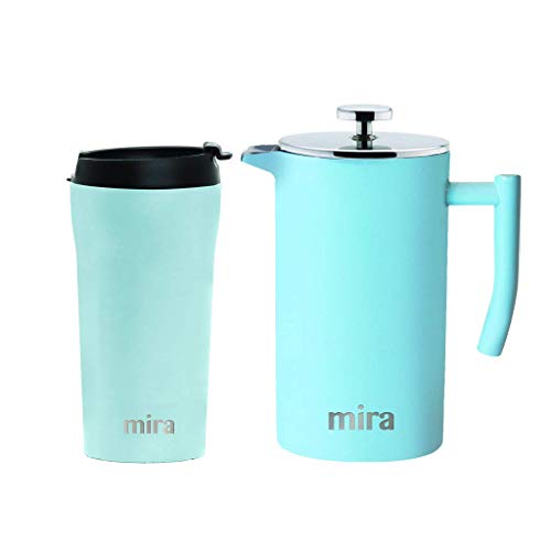 MIRA Coffee Lover Bundle with 12oz Insulated French Press (Pearl Blue) and 12oz Insulated Travel Mug (Pearl Blue)