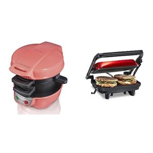hamilton beach breakfast sandwich maker, coral & electric panini press grill with locking lid, opens 180 degrees for any sandwich thickness, nonstick 8" x 10" grids, red