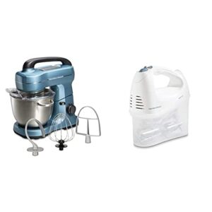 hamilton beach electric stand mixer, 4 quarts, dough hook, blue & 6-speed electric hand mixer with whisk, traditional beaters, snap-on storage case, white
