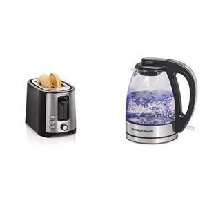 hamilton beach 2 slice extra wide slot toaster, black (22633) & beach glass electric tea kettle, water boiler & heater, 1 l, cordless, led indicator, auto-shutoff & boil-dry protection (40930), clear