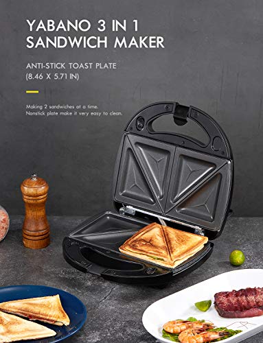 Yabano Sandwich Maker, Waffle Maker, Toaster and Electric Panini Press Grill with Non-stick Coating Plate, Easy to Clean, Heating Up Fast, Black