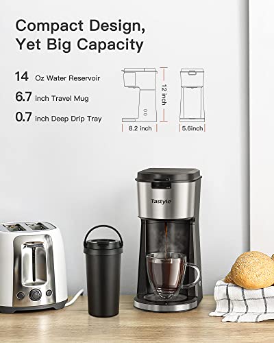 Tastyle Single Serve Coffee Maker for K Cup & Ground Coffee, Regular and Bold Brew Options, Small Coffee Machine Single Cup with Descaling Reminder, Fits Travel Mug, 6 to 14 Oz Brew Size, Black