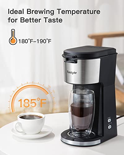 Tastyle Single Serve Coffee Maker for K Cup & Ground Coffee, Regular and Bold Brew Options, Small Coffee Machine Single Cup with Descaling Reminder, Fits Travel Mug, 6 to 14 Oz Brew Size, Black