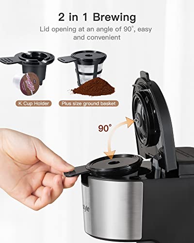 Tastyle Single Serve Coffee Maker for K Cup & Ground Coffee, Regular and Bold Brew Options, Small Coffee Machine Single Cup with Descaling Reminder, Fits Travel Mug, 6 to 14 Oz Brew Size, Black