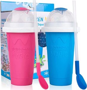 slushie maker cup,furold diy slushies cup frozen magic squeeze cup slush cup smoothies double layers , homemade slushie machine w/ straw and spoon, ice cream maker cool stuff birthday gifts for kids(blue+pink)