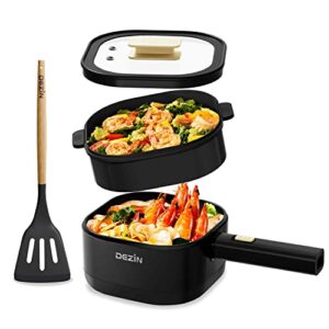 dezin hot pot electric with steamer, 2l non-stick ceramic coating electric pot, multifunction cooker for ramen, soup & oatmeal, portable hot pot with power control for dorm, office, travel (silicone spatula included)