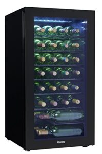 danby dwc036a2bdb-6 3.3 cu. ft. free standing wine cooler, holds 36 bottles, single zone drinks fridge with glass door-beverage chiller for kitchen, home bar, in black
