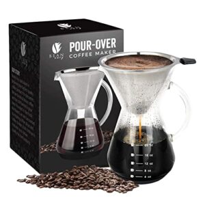 bean envy pour over coffee maker - 5 cup borosilicate glass carafe - rust resistant stainless steel paperless filter/dripper - includes custom silicone sleeve