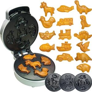 15 mini waffle maker with detachable sets - pancake maker for kids - set includes 5 cars, 5 animals, and 5 dinosaurs - non-stick easy to clean