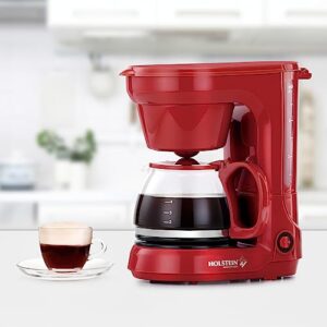 Holstein Housewares - 5 Cup Drip Coffee Maker - Convenient and User Friendly with Permanent Filter, Borosilicate Glass Carafe, Water Level Indicator, Auto Pause/Serve and Keep Warm Functions, Red