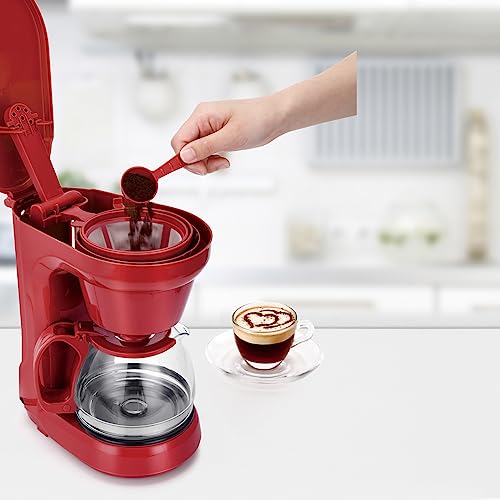 Holstein Housewares - 5 Cup Drip Coffee Maker - Convenient and User Friendly with Permanent Filter, Borosilicate Glass Carafe, Water Level Indicator, Auto Pause/Serve and Keep Warm Functions, Red