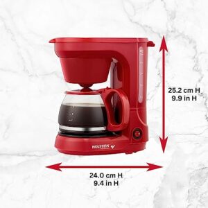 Holstein Housewares - 5 Cup Drip Coffee Maker - Convenient and User Friendly with Permanent Filter, Borosilicate Glass Carafe, Water Level Indicator, Auto Pause/Serve and Keep Warm Functions, Red