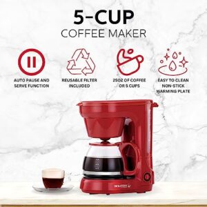 Holstein Housewares - 5 Cup Drip Coffee Maker - Convenient and User Friendly with Permanent Filter, Borosilicate Glass Carafe, Water Level Indicator, Auto Pause/Serve and Keep Warm Functions, Red