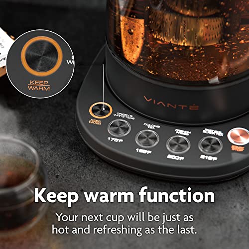 Hot Tea Maker Electric Glass Kettle with tea infuser and temperature control. Automatic Shut off. Brewing Programs for your favorite teas and Coffee.