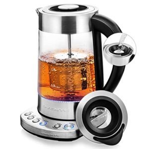 ovente glass electric kettle hot water boiler 1.7 liter prontofill tech portable kettle w/ set temperature control, 1500w keep warm bpa free w/ stainless steel base & tea maker infuser - silver kg733s