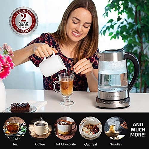 OVENTE Glass Electric Kettle Hot Water Boiler 1.7 Liter ProntoFill Tech Portable Kettle w/ Set Temperature Control, 1500W Keep Warm BPA Free w/ Stainless Steel Base & Tea Maker Infuser - Silver KG733S