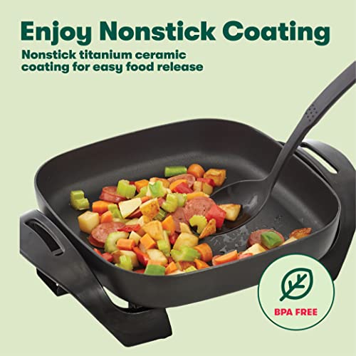 BELLA Electric Skillet and Frying Pan with Glass Lid, Nonstick Coating, Cool Touch Handles, Removable Heating Probe, Dishwasher Safe, 12 x 12 inch, Black