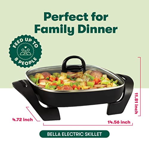 BELLA Electric Skillet and Frying Pan with Glass Lid, Nonstick Coating, Cool Touch Handles, Removable Heating Probe, Dishwasher Safe, 12 x 12 inch, Black