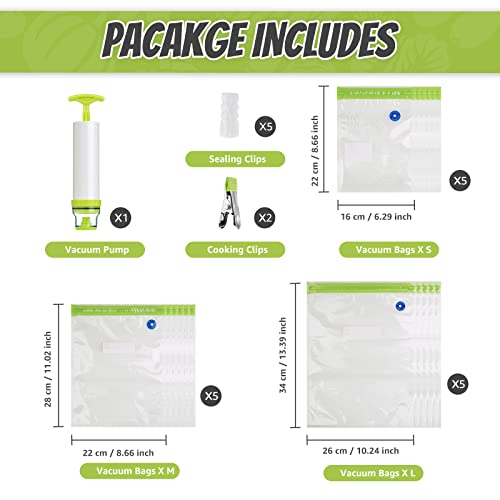 Sous Vide Bags Kit, RIIMONE 23 pack Reusable Vacuum Food Storage Bags with 3 Sizes Vacuum Food Bags,1 Hand Pump,5 Sealing Clips and 2 Clamps for Food Storage and Sous Vide Cooking