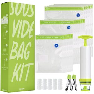 sous vide bags kit, riimone 23 pack reusable vacuum food storage bags with 3 sizes vacuum food bags,1 hand pump,5 sealing clips and 2 clamps for food storage and sous vide cooking
