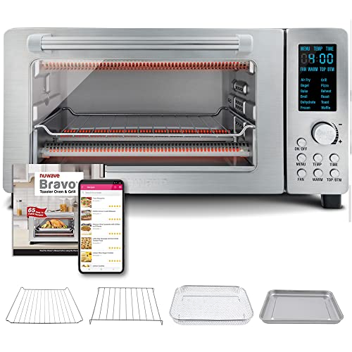 Nuwave Bravo 12-in-1 Digital Toaster Oven, Countertop Convection Oven & Air Fryer Combo, 1800 Watts, 21-Qt Capacity, 50°-450°F Temp Controls, Dual Zone Surround Cooking, Linear T Technology, SS Look