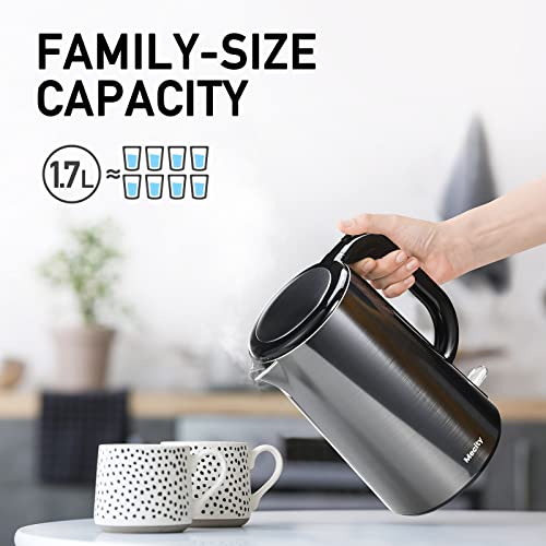 Mecity 1.7L Electric Kettle 100% Stainless Steel Interior Fast Heating Water Kettle Double Wall Kettle Water Boiler, Cool Touch Auto Shut Off, 57 Ounce, 120V, 1500W