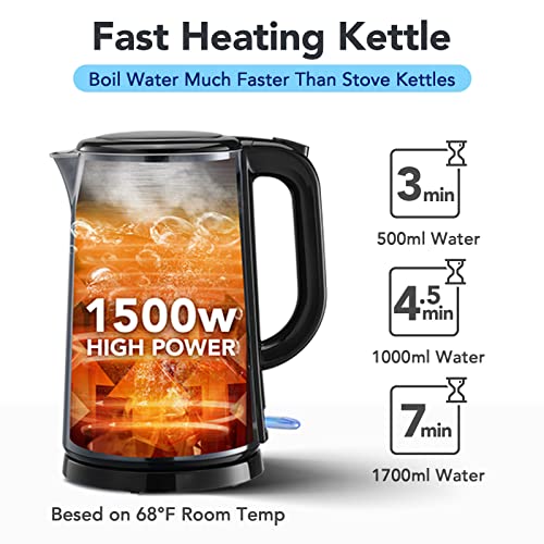 Mecity 1.7L Electric Kettle 100% Stainless Steel Interior Fast Heating Water Kettle Double Wall Kettle Water Boiler, Cool Touch Auto Shut Off, 57 Ounce, 120V, 1500W