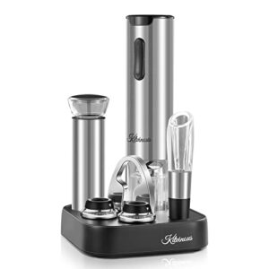 kitvinous electric wine opener set with charging base, automatic wine bottle opener with led light, durable corkscrew with wine aerator & preserver vacuum pump with 2 stoppers, foil cutter, silver
