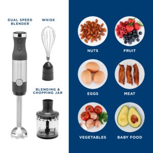 GE Immersion Blender | Handheld Blender for Shakes, Smoothies, Baby Food & More | Includes Whisk & Blending Jar | 2-Speed | Interchangeable Attachment for Easy Clean | 500 Watts | Stainless Steel