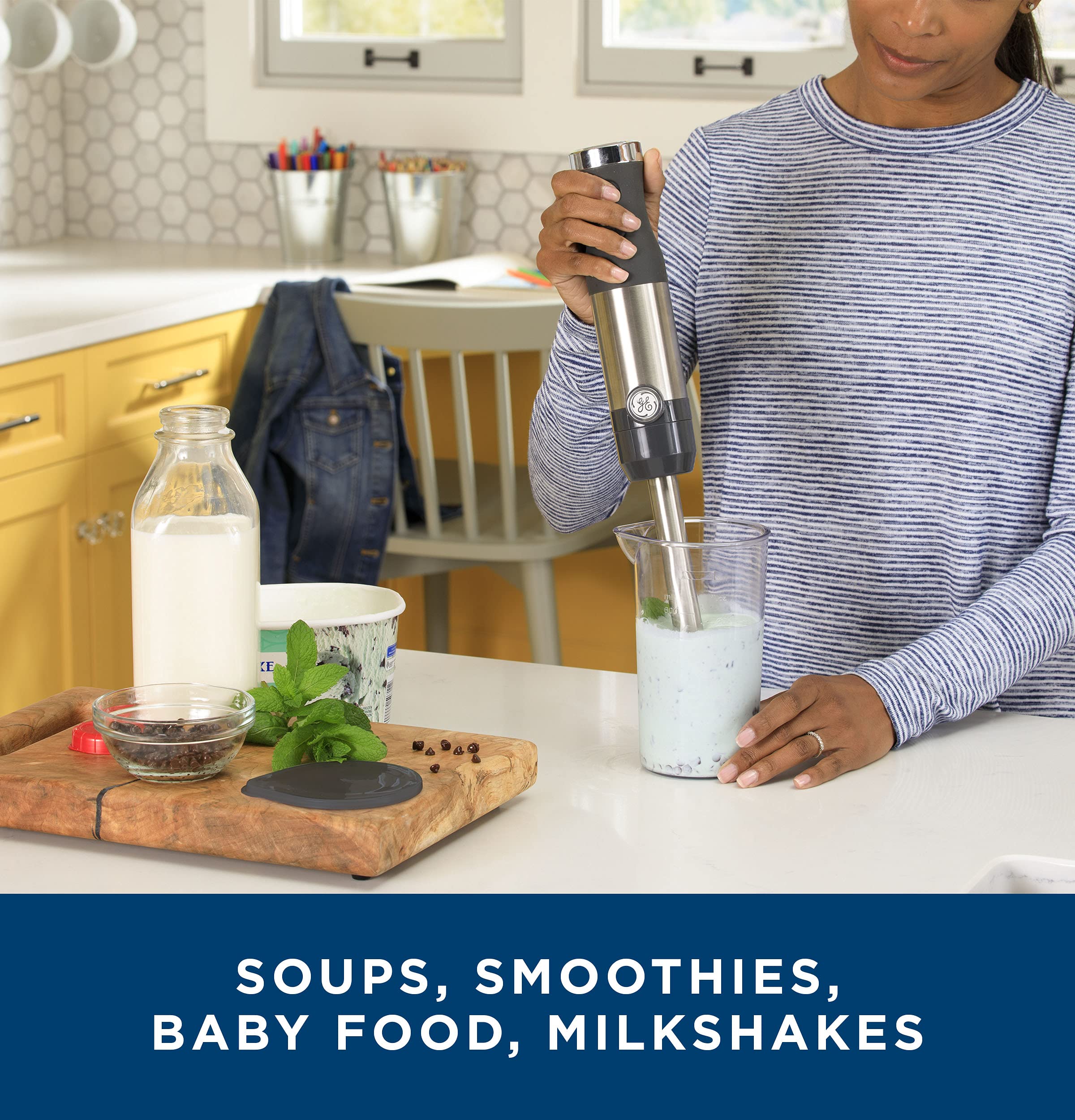 GE Immersion Blender | Handheld Blender for Shakes, Smoothies, Baby Food & More | Includes Whisk & Blending Jar | 2-Speed | Interchangeable Attachment for Easy Clean | 500 Watts | Stainless Steel