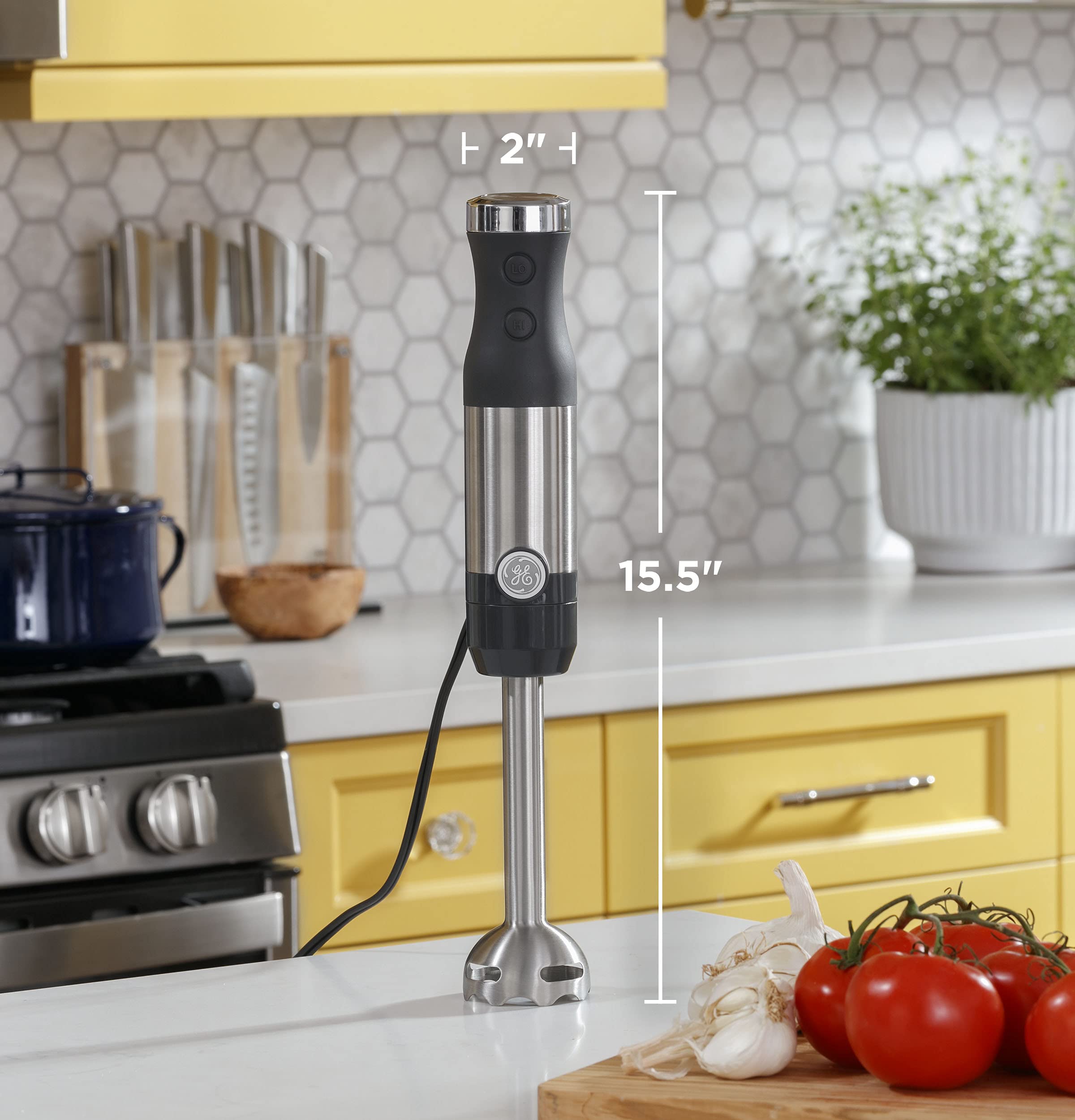 GE Immersion Blender | Handheld Blender for Shakes, Smoothies, Baby Food & More | Includes Whisk & Blending Jar | 2-Speed | Interchangeable Attachment for Easy Clean | 500 Watts | Stainless Steel