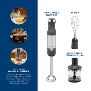 GE Immersion Blender | Handheld Blender for Shakes, Smoothies, Baby Food & More | Includes Whisk & Blending Jar | 2-Speed | Interchangeable Attachment for Easy Clean | 500 Watts | Stainless Steel