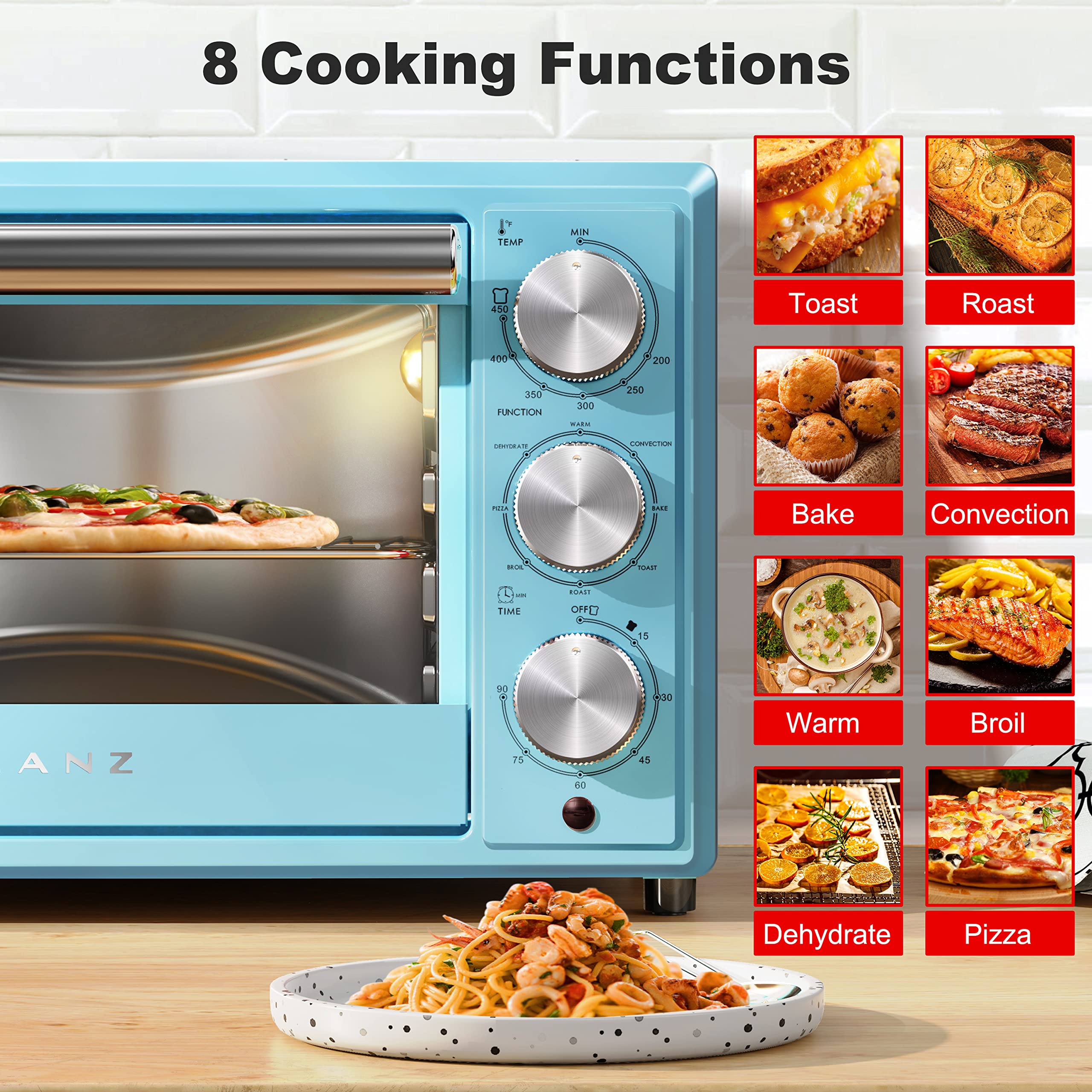 Galanz Large 6-Slice True Convection Toaster Oven, 8-in-1 Combo Bake, Toast, Roast, Broil, 12” Pizza, Dehydrator with Keep Warm Setting, Retro Blue