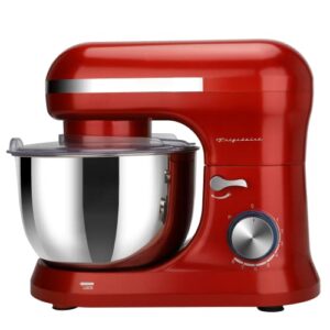 frigidaire estm020-red retro electric stand mixer, 4.75 quart / 4.5l, 8 speeds with whisk, dough hook, flat beater attachments, splash guard (red)