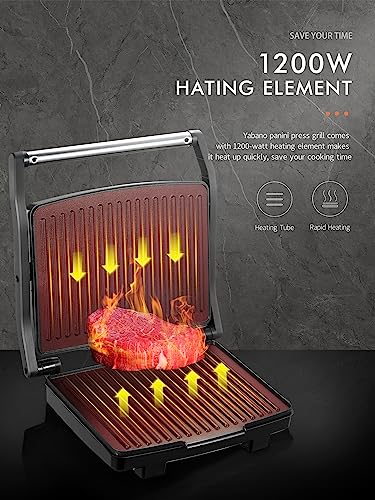 Yabano Panini Press Grill, Gourmet Sandwich Maker, Electric Indoor Grill with Non-Stick Cooking Plate and Removable Drip Tray, Easy to Clean, Stainless Steel