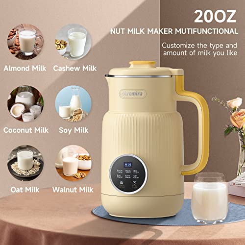 Arcmira Automatic Nut Milk Maker, 20 oz Homemade Almond, Oat, Soy, Plant-Based Milk and Dairy Free Beverages, Almond Milk Maker with Delay Start/Keep Warm/Boil Water, Soy Milk Maker with Nut Milk Bag,Yellow