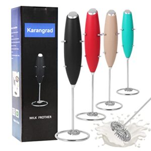 karangrad handheld milk frother with stand,uses batteries, mini electric frother for coffee,latte,cappuccino,hot chocolate,matcha,durable drink mixer with stainless steel whisk (black)