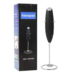 Karangrad Handheld Milk Frother With Stand,Uses Batteries, Mini Electric Frother For Coffee,Latte,Cappuccino,Hot Chocolate,Matcha,Durable Drink Mixer With Stainless Steel Whisk (Black)