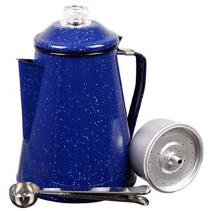 camping coffee percolator - enamel coating gloss finish and glass cap for backpacking, campsite, kitchen and firecoffee pot makes 12 cups - comes with basket for grounds and stainless steel spoon