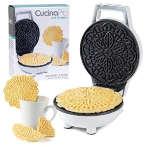 mini electric pizzelle maker - makes one personal tiny sized 4" traditional italian cookie in minutes- nonstick, easy to use press - recipes included- must have dessert treat for summer baking or gift